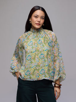 Twenty Dresses by Nykaa Fashion - Green Chiffon Paisley Smocked High Neck Full Sleeves Top