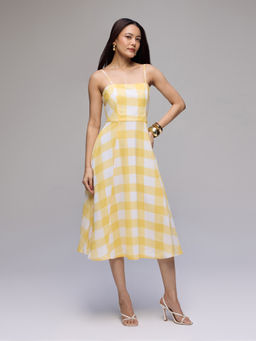Twenty Dresses by Nykaa Fashion - Yellow Checks Strappy Side Panels Fit And Flare Midi Dress