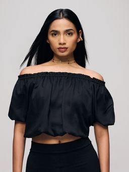 Twenty Dresses by Nykaa Fashion - Black Satin Off Shoulder Ballon Hem Gathered Crop Top