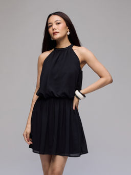 Twenty Dresses by Nykaa Fashion - Black Chiffon Halter Neck Elasticated A-Line Mini Dress