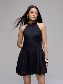 Twenty Dresses by Nykaa Fashion - Black Satin Halter Neck Sleeveless Cut And Sew Mini Dress