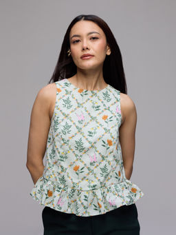 Twenty Dresses by Nykaa Fashion - Mint Green Floral Printed Round Neck Ruffled Peplum Top