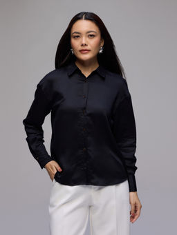Twenty Dresses by Nykaa Fashion - Black Satin Collared Drop Shoulder Shirt With Golden Buttons