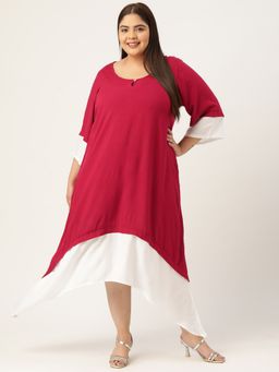 theRebelinme - Plus Size Women Maroon & White Color Block Asymmetric Dress