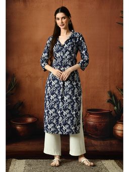 Gahan - Women Navy Blue Floral Printed Straight Kurta