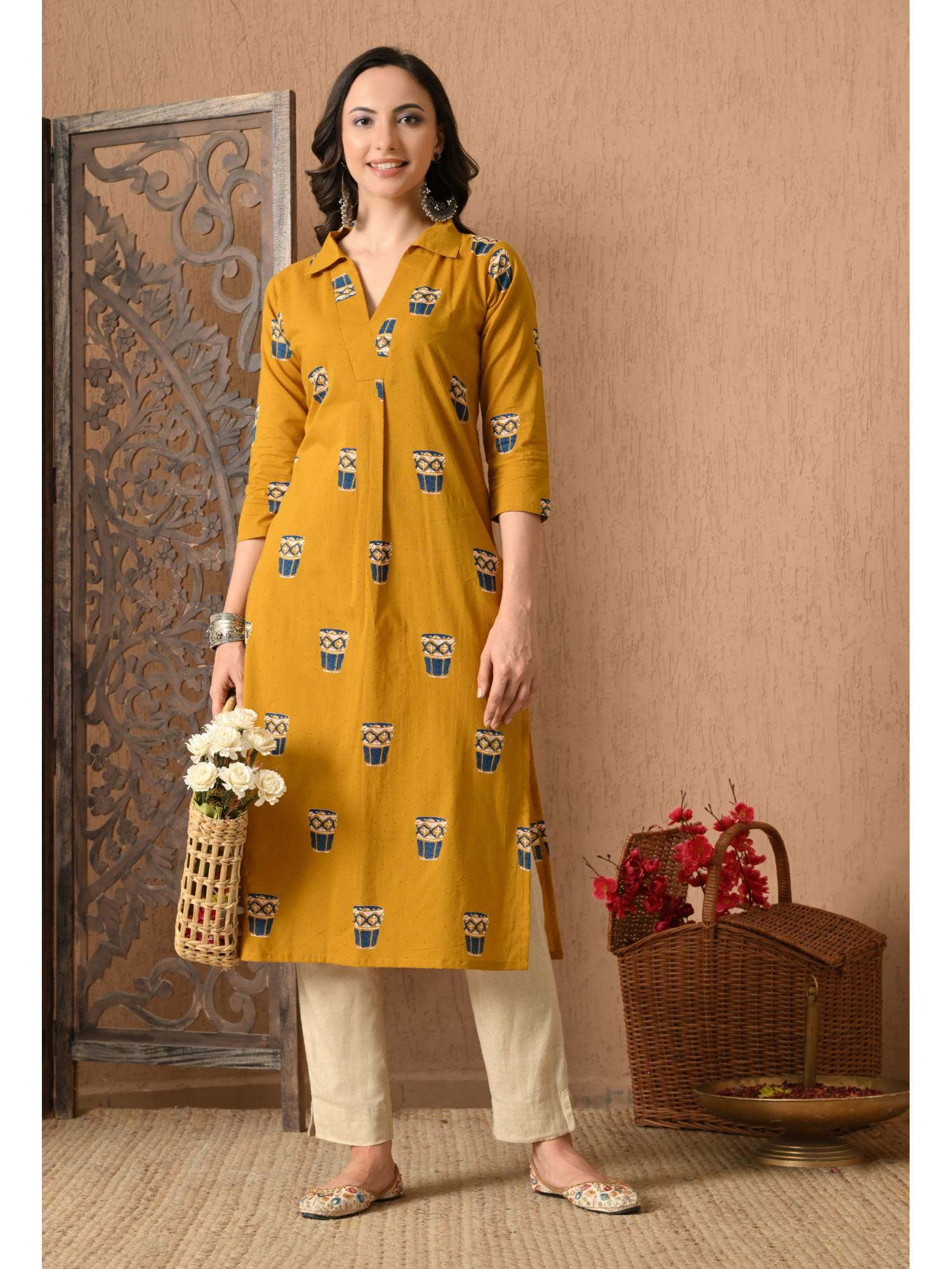 Women Mustard Ethnic Motif Printed Straight Kurta-image-7