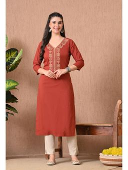 Gahan - Women Rust Embroidered Straight Kurta