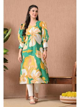 Gahan - Women Green & Yellow Floral Printed Flared Kurta