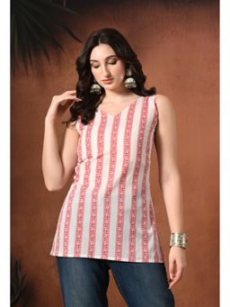 Gahan - Women White & Red Ethnic Printed Sleeveless Tunic