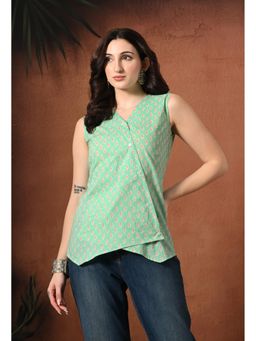 Gahan - Women Light Green Geometric Printed Sleeveless Overlap Tunic