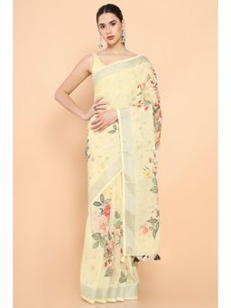 Soch - Women Yellow Linen Floral Saree with Unstitched Blouse