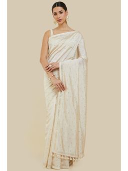 Soch - Women Off White Silk Embellished & Sequined Saree with Unstitched Blouse