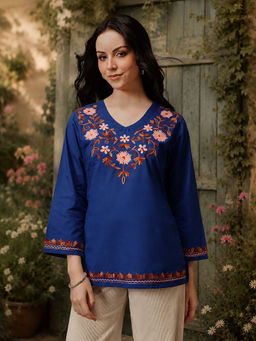 QAZMI - Nafisa Pure Cotton Kashmiri Aari Work V-Neck Full Sleeves Kurti