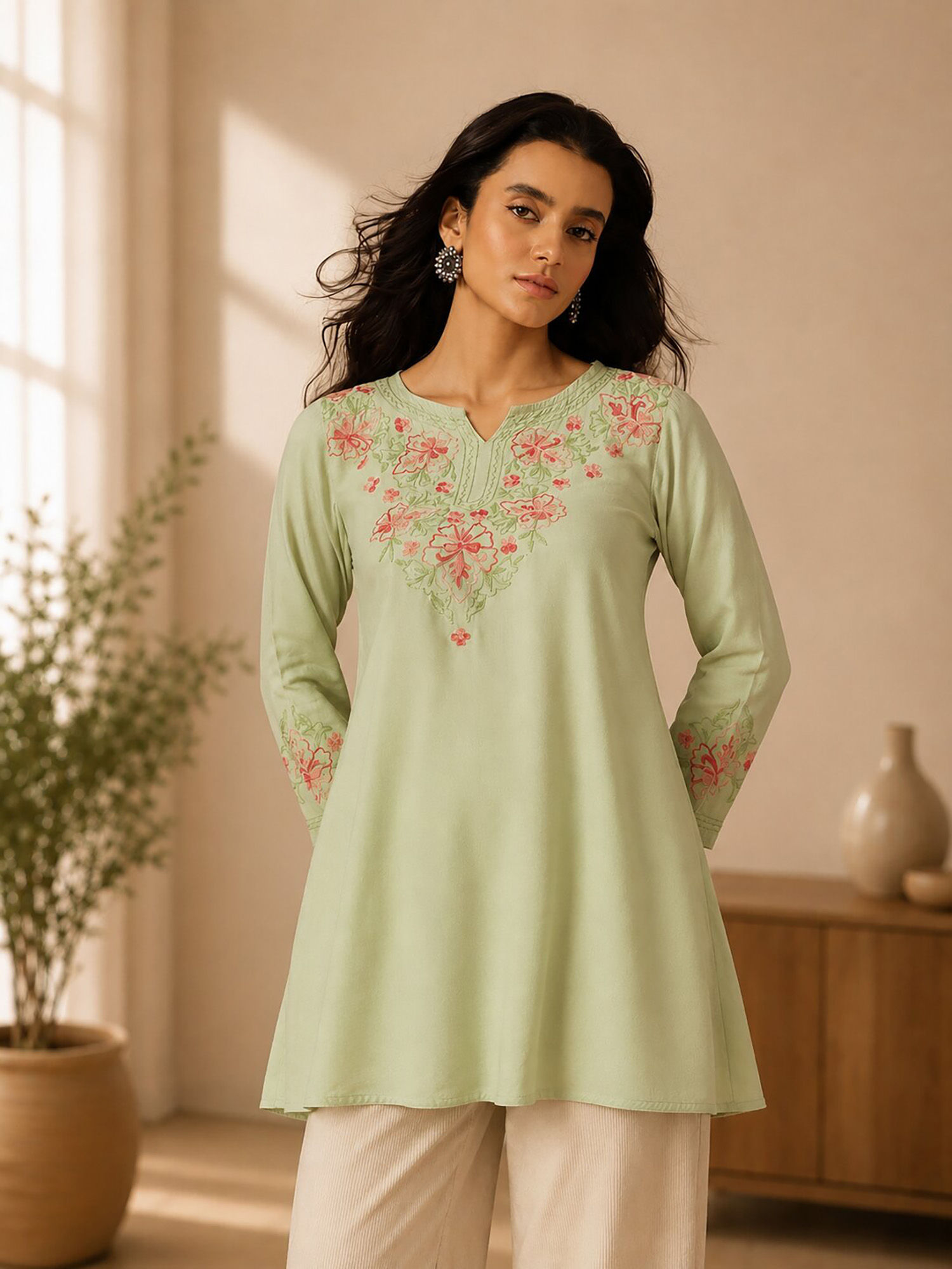 qazmi Kashmiri Aari Work Viscose Rayon A-Line Flared Kurti-picture-1