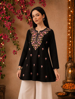QAZMI - Bahar Kashmiri Zari Resham Work Viscose Rayon A-Line Kurti