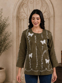 QAZMI - Green Women Aari Embroidered Pure Cotton Buttoned Top