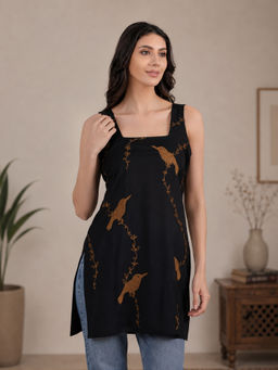 QAZMI - Women Black Embroidered Viscose Rayon Sleeveless Kurti