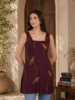 QAZMI - Women Burgundy Embroidered Viscose Rayon Sleeveless Kurti