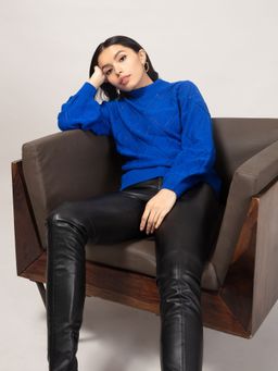 Twenty Dresses by Nykaa Fashion - Electric Blue Jacquard High Neck Sweater