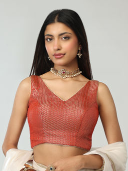 Gajra Gang - Red Brocade Textured V-Neck Stitched Blouse Brigade Bride