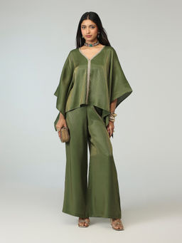 Gajra Gang - Olive Gold Stripe Bead Trim Embellished Kaftan & Palazzo Timeless Lane