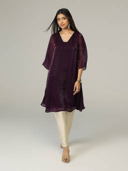 Gajra Gang - Purple Tissue Embellished Bell Sleeves Kurta Reshami Sandook