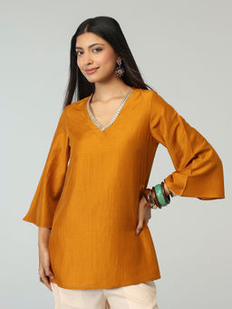 Gajra Gang - Mustard Poly Silk Embellished V-Neck Bell Sleeves Tunic Timeless Lane