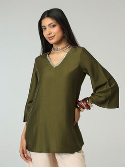 Gajra Gang - Olive Poly Silk Embellished V-Neck Bell Sleeves Tunic Timeless Lane