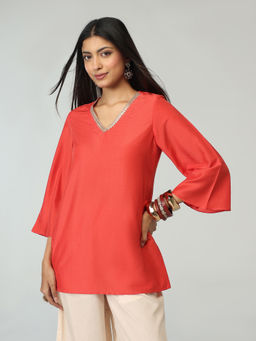 Gajra Gang - Orange Poly Silk Embellished V-Neck Bell Sleeves Tunic Brigade Bride