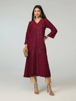 Gajra Gang - Maroon Poly Silk Badla Embellished Kurta Brigade Bride