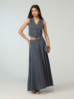 Gajra Gang - Grey Denim Badla Embellished Waistcoat With Circular Skirt Urban Folk