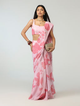 Gajra Gang - Pink Georgette Floral Print Badla Embellished Pre-Draped Saree Moroccan View