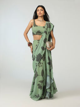 Gajra Gang - Olive Georgette Floral Print Badla Embellished Pre-Draped Saree Moroccan View