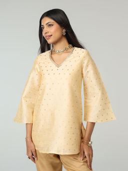 Gajra Gang - Off White Brocade Embellished Bell Sleeves Tunic Brigade Bride (2XL)