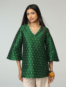 Gajra Gang - Green Brocade Embellished Bell Sleeves Tunic Timeless Lane