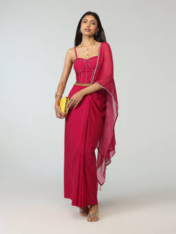 Gajra Gang - Pink Poly Silk Pre Draped Saree With Corset Boho Naari