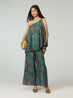 Gajra Gang - Teal Crepe Paisley Embellished One Shoulder Top & Palazzo Patiala Chowk