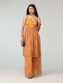 Gajra Gang - Mustard Georgette Floral Strappy Kurta With Wide Palazzo Patiala Chowk