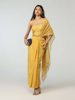 Gajra Gang - Mustard Poly Silk Pre Draped Saree With Corset Boho Naari