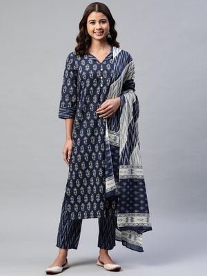 Navy Blue Cotton Dobby Kurta, Trousers and Dupatta Set