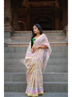 green-yellow floral block printed women's maxi dress - frill collar with belt cotton dress - 3/4th sleeves boho dress
