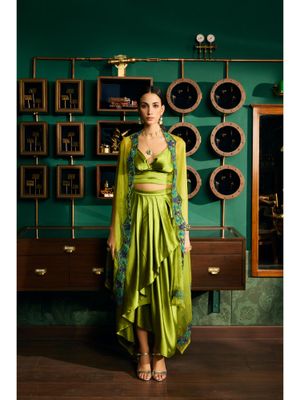 Bottle Green Cape With Tiered Skirt In Organza main image 0