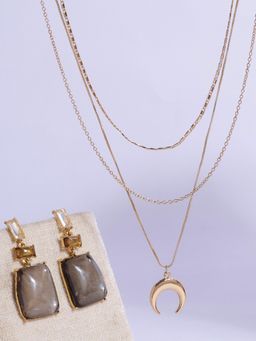 Lilly & Sparkle - Gold-Plated White-Brown Stone-Studded & Layered Moon Jewellery (Set of 2)