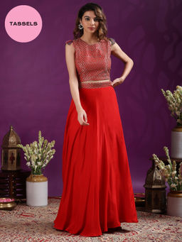 Gajra Gang - A Tasseled Affair Red Embroidered Crop Top & Skirt GGLEH58 (Set of 2)