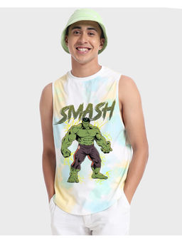Bewakoof - Official Marvel Men's White & Blue Hulk Graphic Printed Tie & Dye Oversized Vest