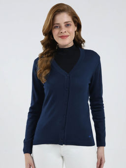 Monte Carlo - Women Navy Blue Solid Cardigan