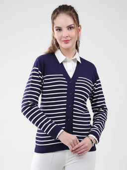 Monte Carlo - Women Navy Blue Stripes Cardigan