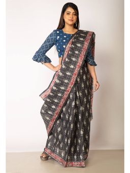 Unnati Silks - Grey Pure Krisha Block Printed Cotton Saree with Unstitched Blouse