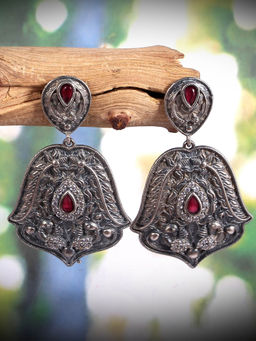 VIRAASI - Oxidised Red Stone Studded Dangler Earring