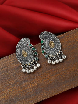 VIRAASI - Dual Tone Green Stone Studded Earrings
